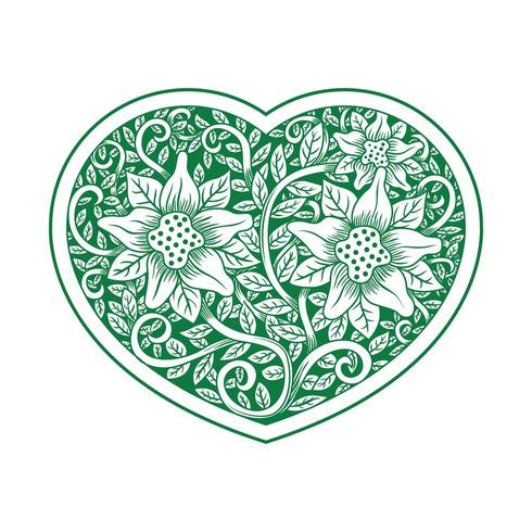 Green heart shaped ornate floral pattern vector