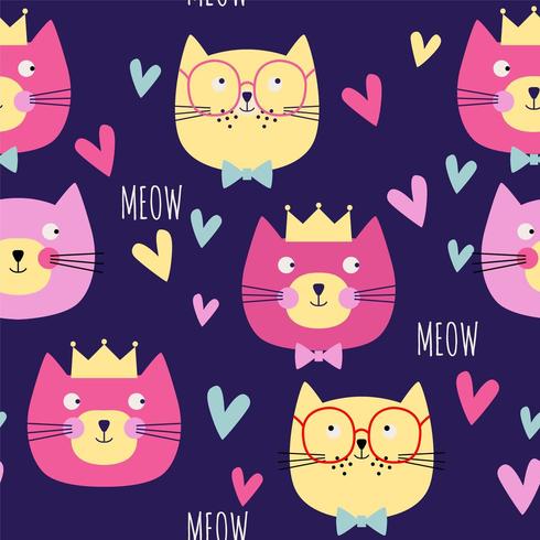 Seamless pattern with cats heads, hearts, crowns, vector