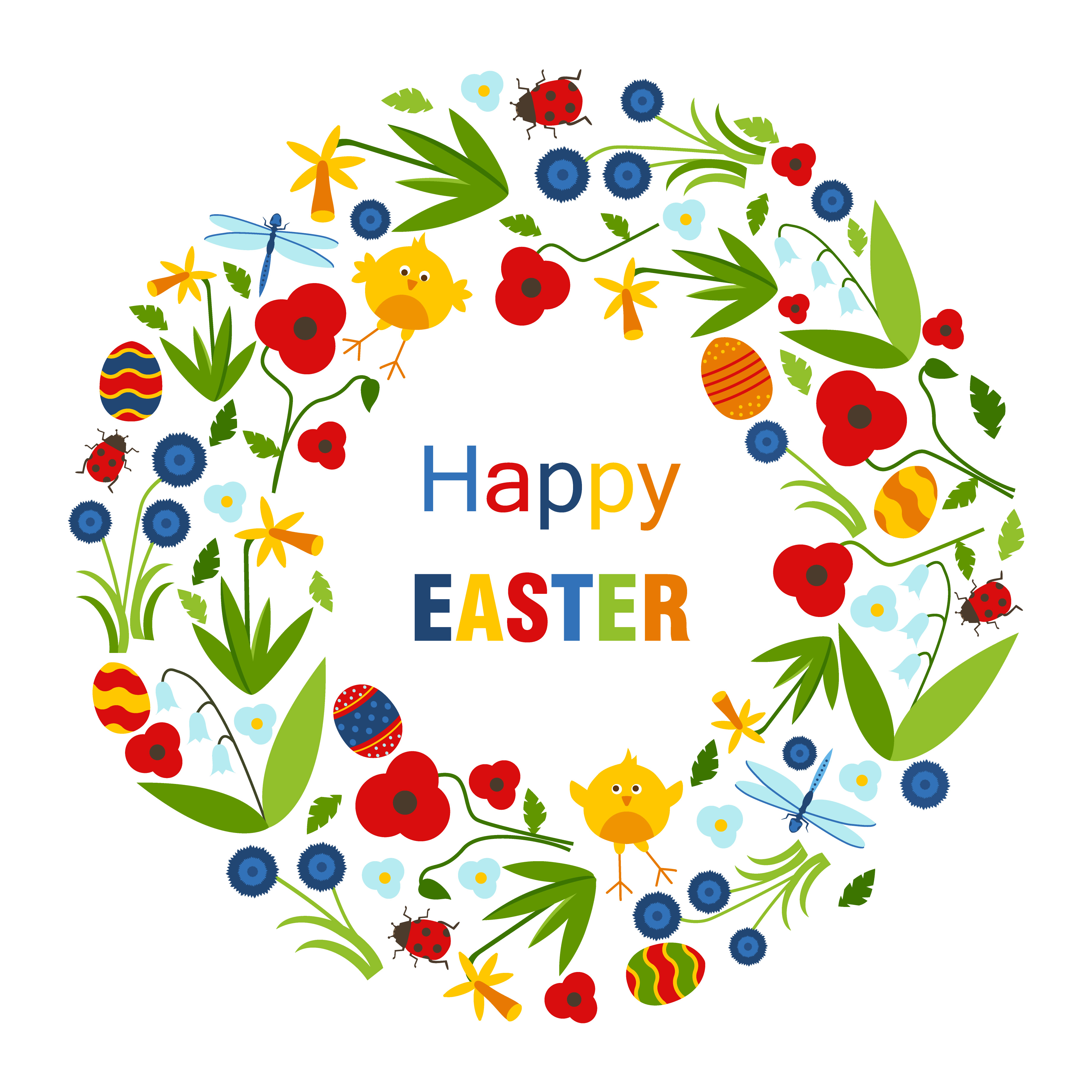 Colourful Happy Easter greeting card with wreath of flowers,eggs and