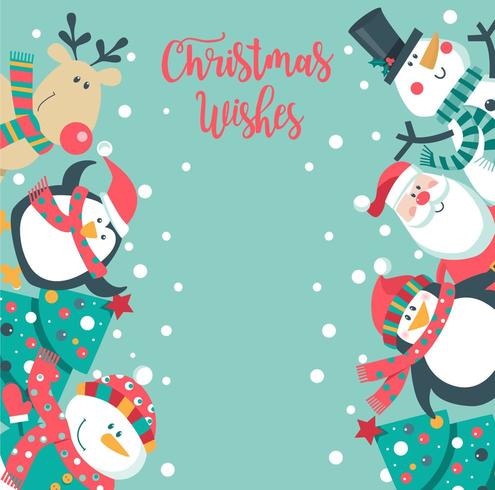 Cute christmas card with Santa, penguin, tree, snowman. vector