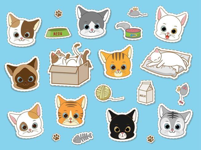 Cute cat sticker collection set vector