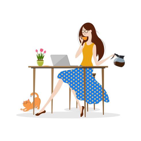 Young woman drinking coffee and working on laptop computer vector