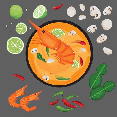 Receta e ingredientes tailandeses de sopa picante de gambas vector