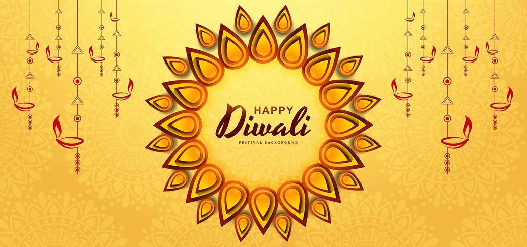 Fondo de festival de tarjeta de felicitación de diwali amarillo vector