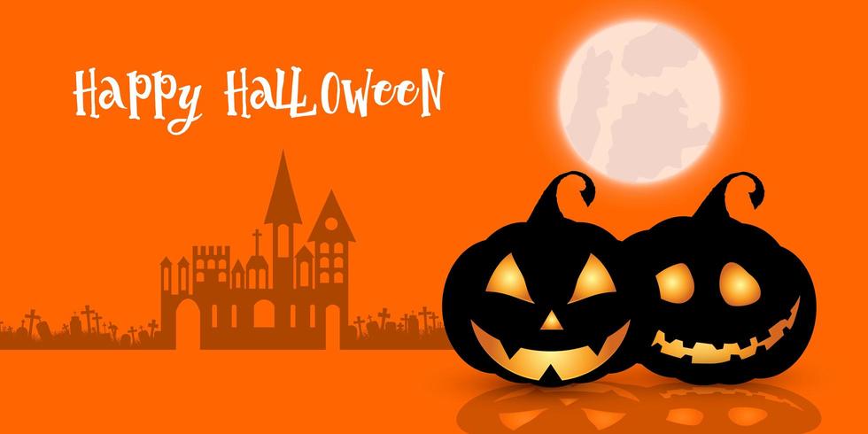 Feliz Halloween calabazas y banner de casa embrujada espeluznante vector