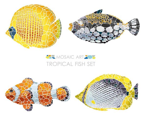 Conjunto de peces tropicales mosaico aislado en un fondo blanco. vector