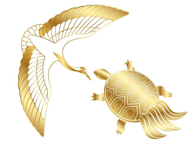 Gold crane and a turtle  vector