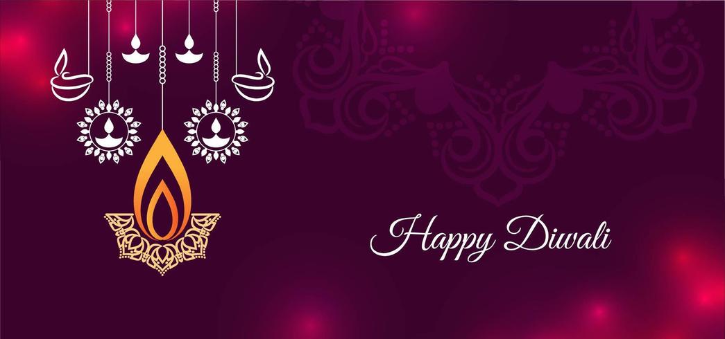 Purple and red Happy Diwali greeting with hanging diya vector