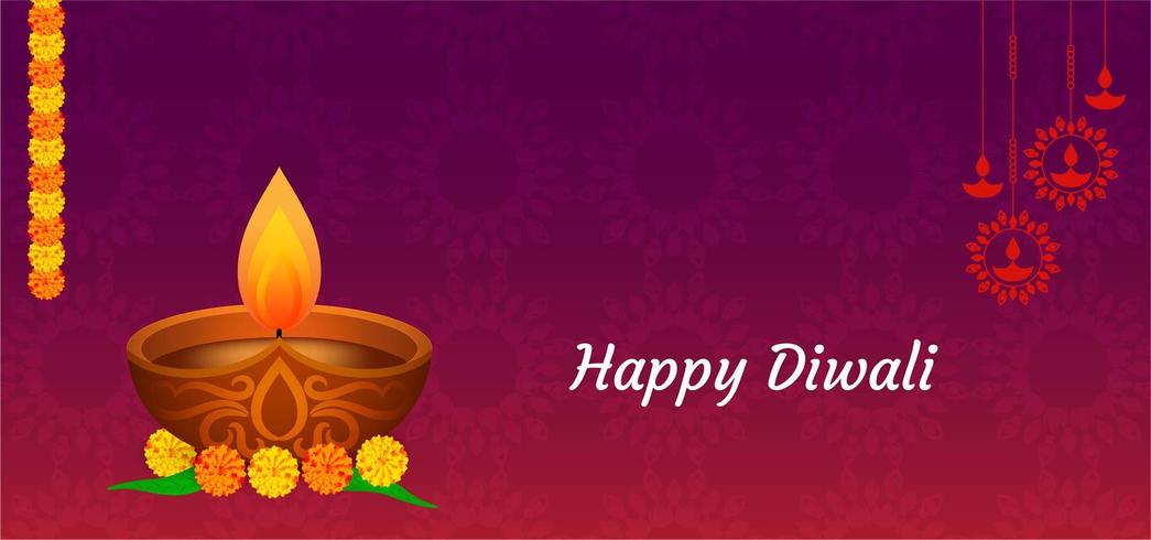 Happy Diwali purple red with single diya greeting vector
