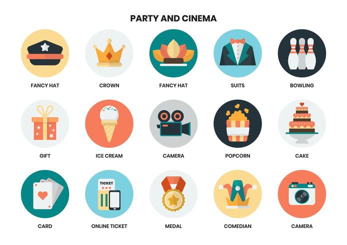 Conjunto de iconos circulares de fiesta y cine vector