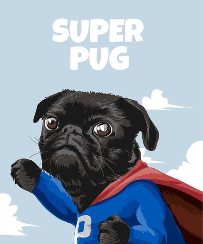 slogan super pug con pug de dibujos animados disfrazado de héroe vector