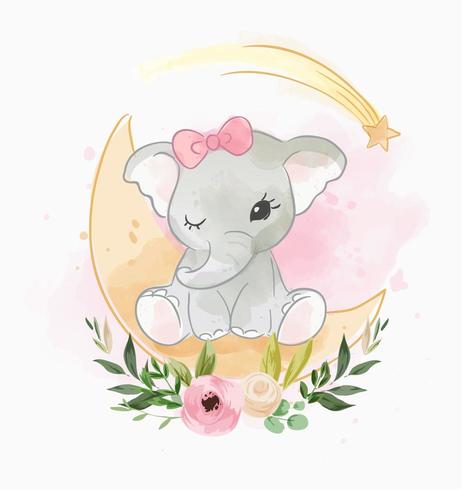 bebé elefante sentado en la luna con flores vector