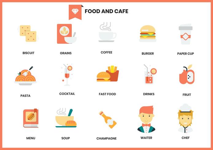 Iconos de comida y cafetería para negocios en blanco vector