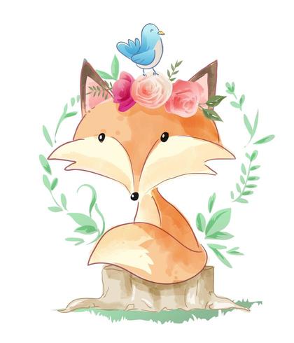 cute cartoon fox sitting on tree stump illustration vector