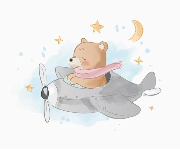 cute cartoon bear on air plain illustration vector