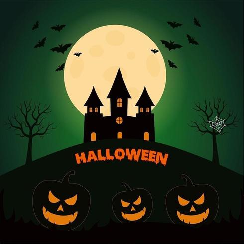 Halloween Pumpkin Head with Full Moon, Bats and Dark Castle vector