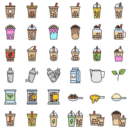 Bubble tea o Pearl milk tea lleno de conjunto de iconos vector