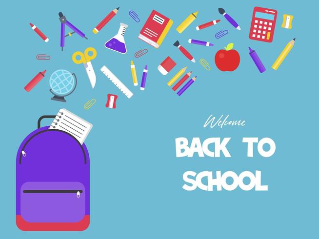 School Supplies Falling into Backpack Back to school poster vector