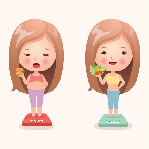 Girl eating junk and healthy food vector