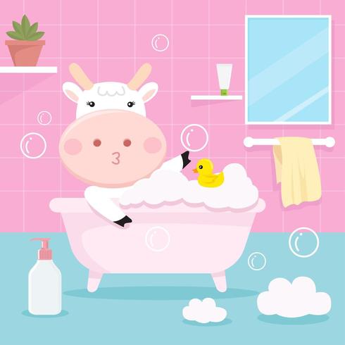 Cute cow bathing in the tub vector