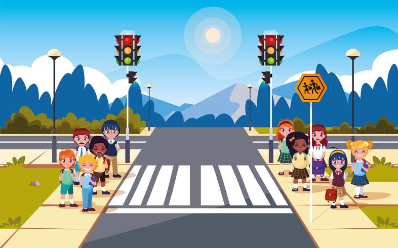 road street scene with traffic light and cute students vector