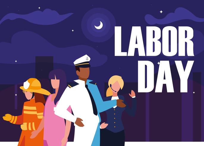 labor day with group professionals and cityscape vector