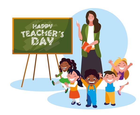 happy day card with teacher female and students vector