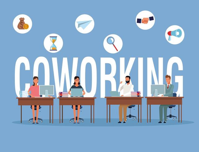 Coworking businesspeople at desks  vector