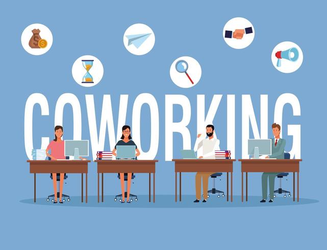 Empresarios de coworking en escritorios vector