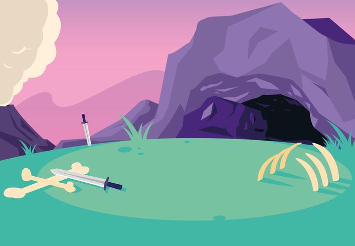 fairytale landscape scene with cabe and swords vector