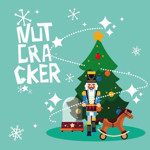 nutcracker general with tree christmas and toy vector