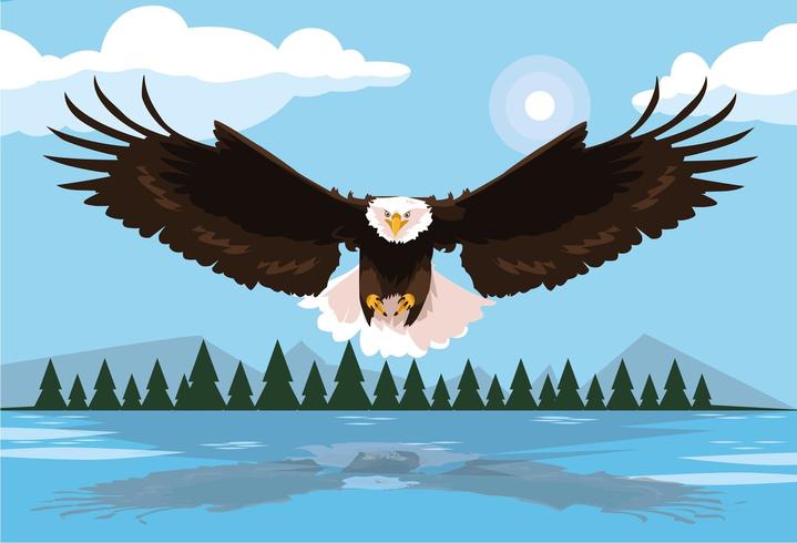 pájaro águila calva volando con paisaje vector