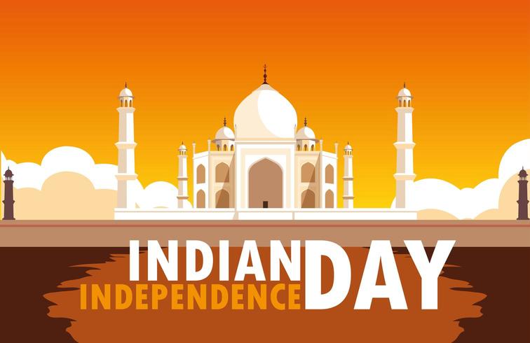 Cartel del día de la independencia india con mezquita taj majal vector