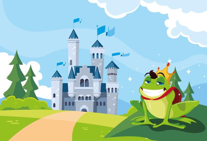 Príncipe rana con castillo de cuento de hadas en paisaje montañoso vector