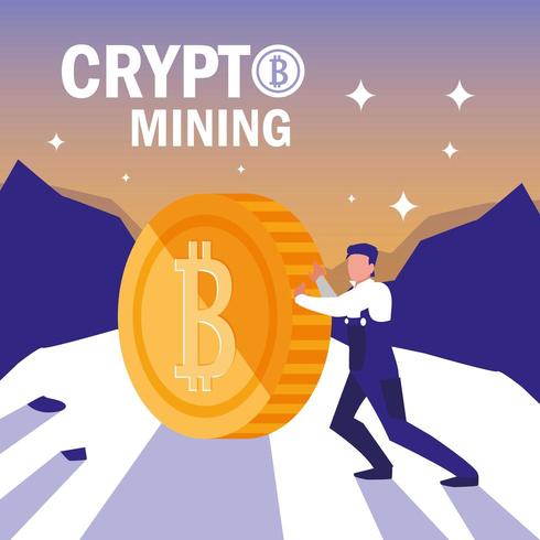 worker crypto mining bitcoins vector