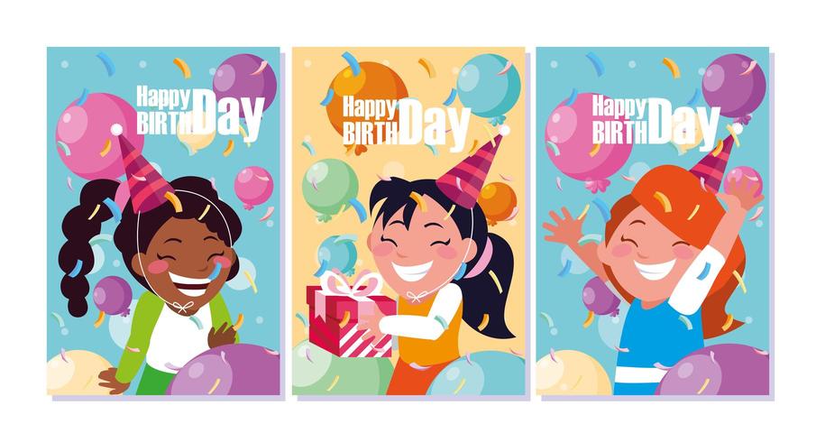 tarjeta de cumpleaños con niñas celebrando vector