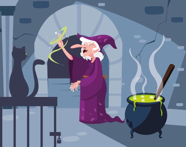 witch lair scene with black cat and cauldron vector