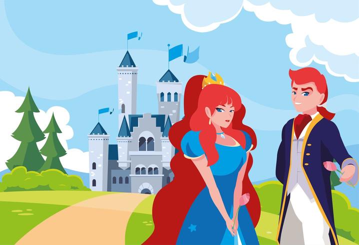 princesa y príncipe con castillo de cuento de hadas en el paisaje vector