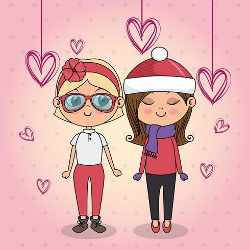 Hermosa pareja de chicas kawaii con corazones colgando vector