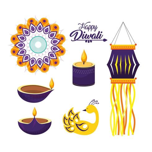 set of diwali hindu festival decorations vector