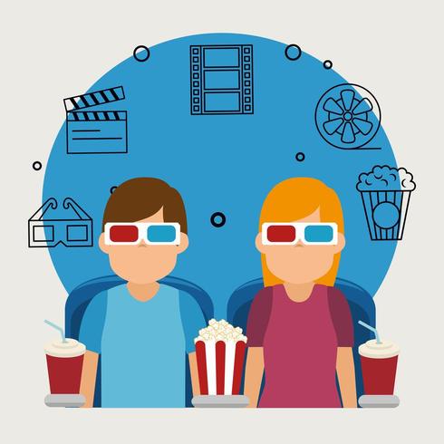 jóvenes con gafas 3d e iconos de cine vector