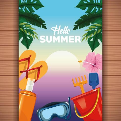 Hello summer card on wooden background vector