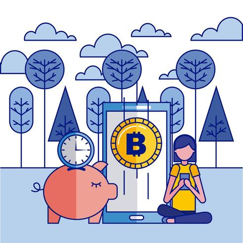 Fintech collage with piggy bank and smartphone with bitcoin  vector