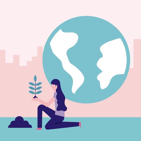 Woman planting tree with globe in background  vector