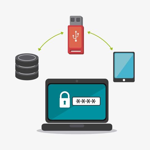 Iconos de bases de datos que incluyen memoria USB y computadora portátil vector