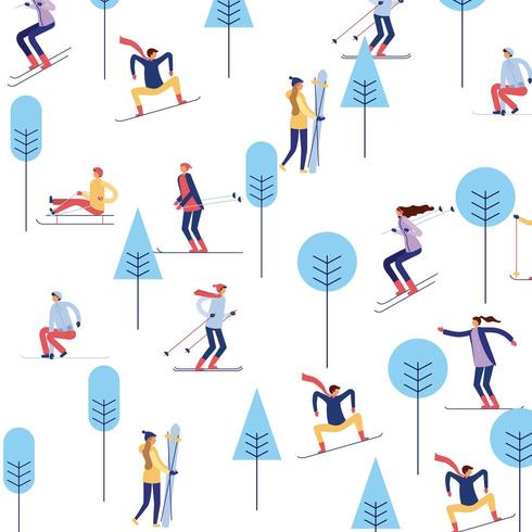 People skiing on mountain with trees  vector