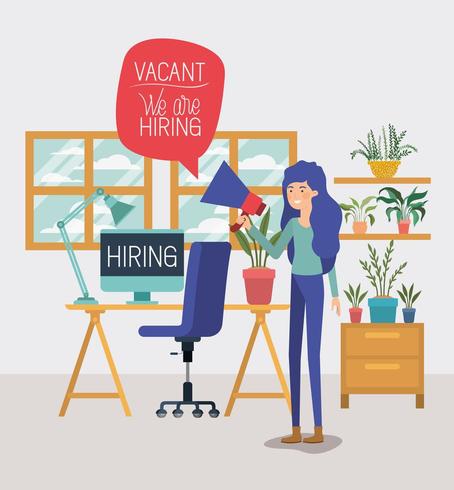 woman using megaphone with we are hiring message vector