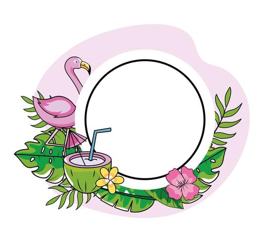 círculo emblema con flamenco y coco con flores vector