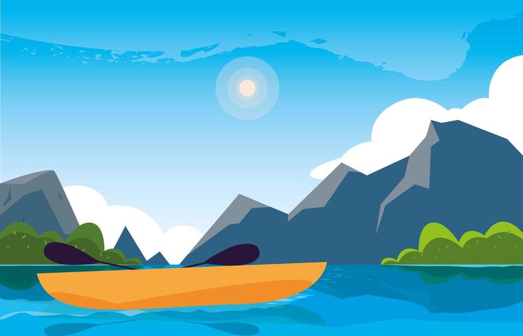 escena del hermoso paisaje con río y kayak vector