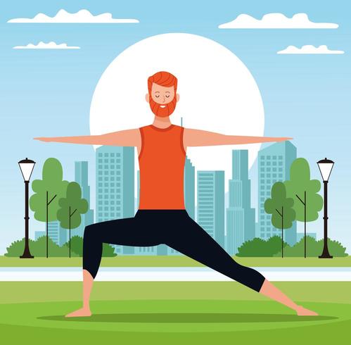 Man doing yoga in park  vector